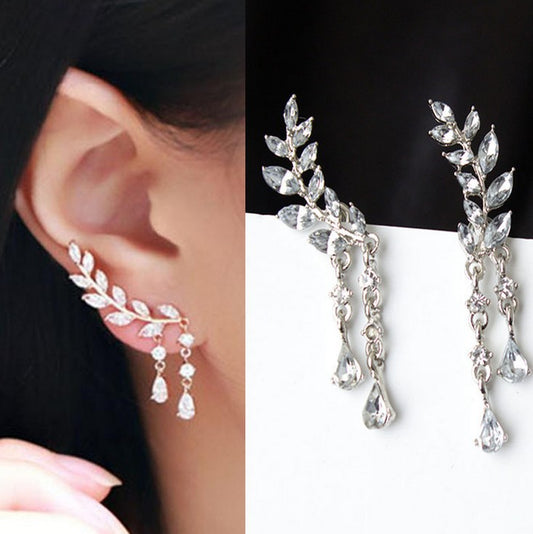Elegant Leaf Crystal Earrings – Gold Tone Sparkling Dangle Earrings for Women