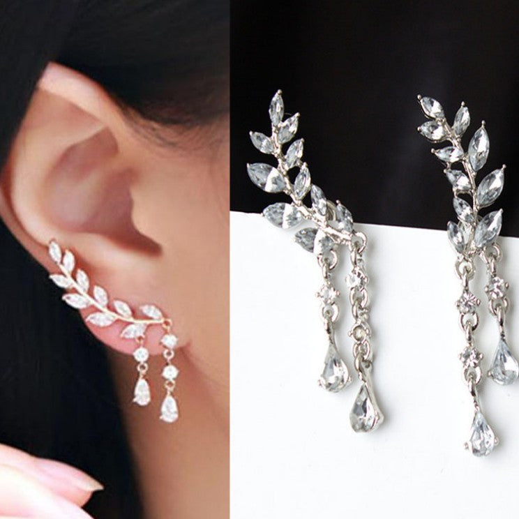 Elegant Leaf Crystal Earrings – Gold Tone Sparkling Dangle Earrings for Women