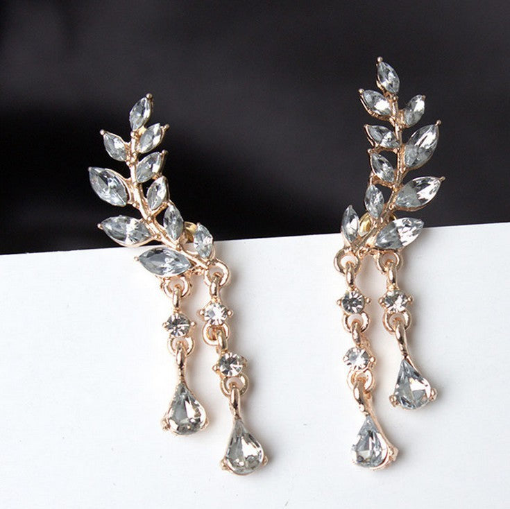 Elegant Leaf Crystal Earrings – Gold Tone Sparkling Dangle Earrings for Women
