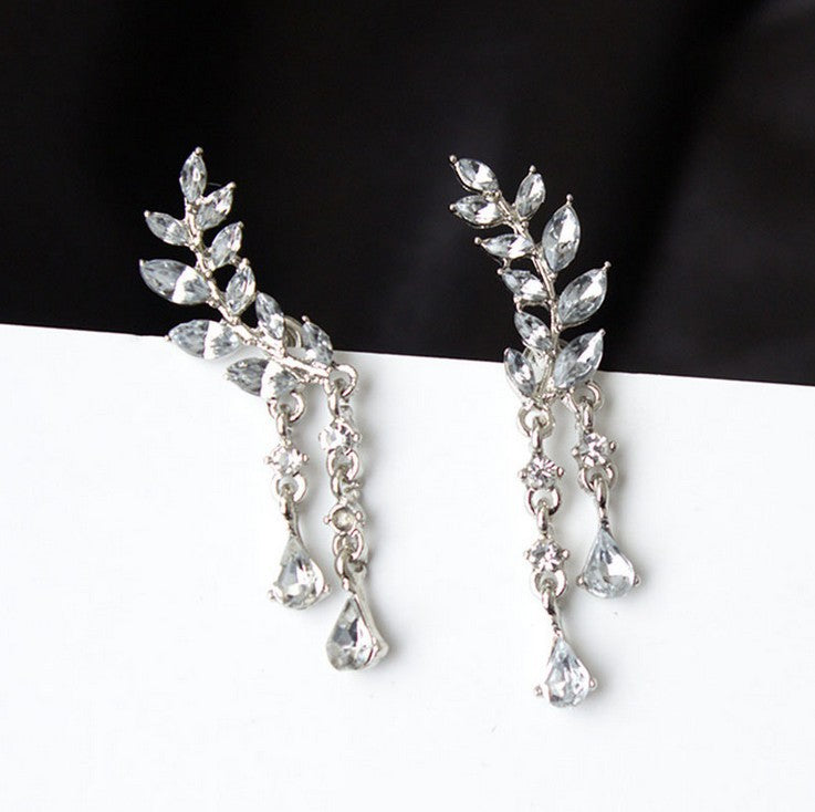 Elegant Leaf Crystal Earrings – Gold Tone Sparkling Dangle Earrings for Women